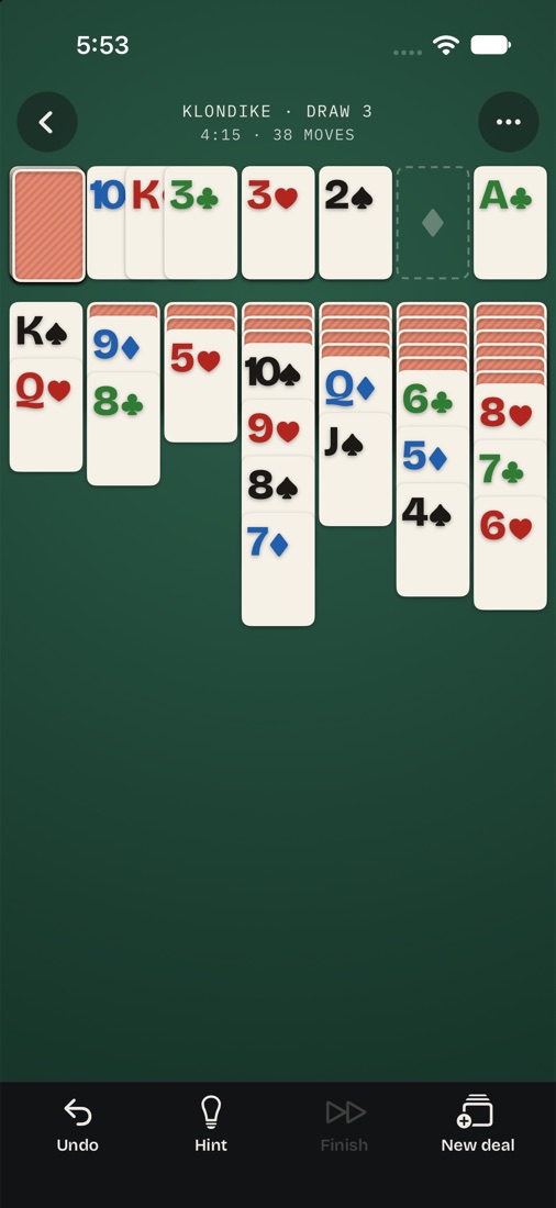 A game of Klondike on green baize, with Undo, Hint, Finish and New deal below